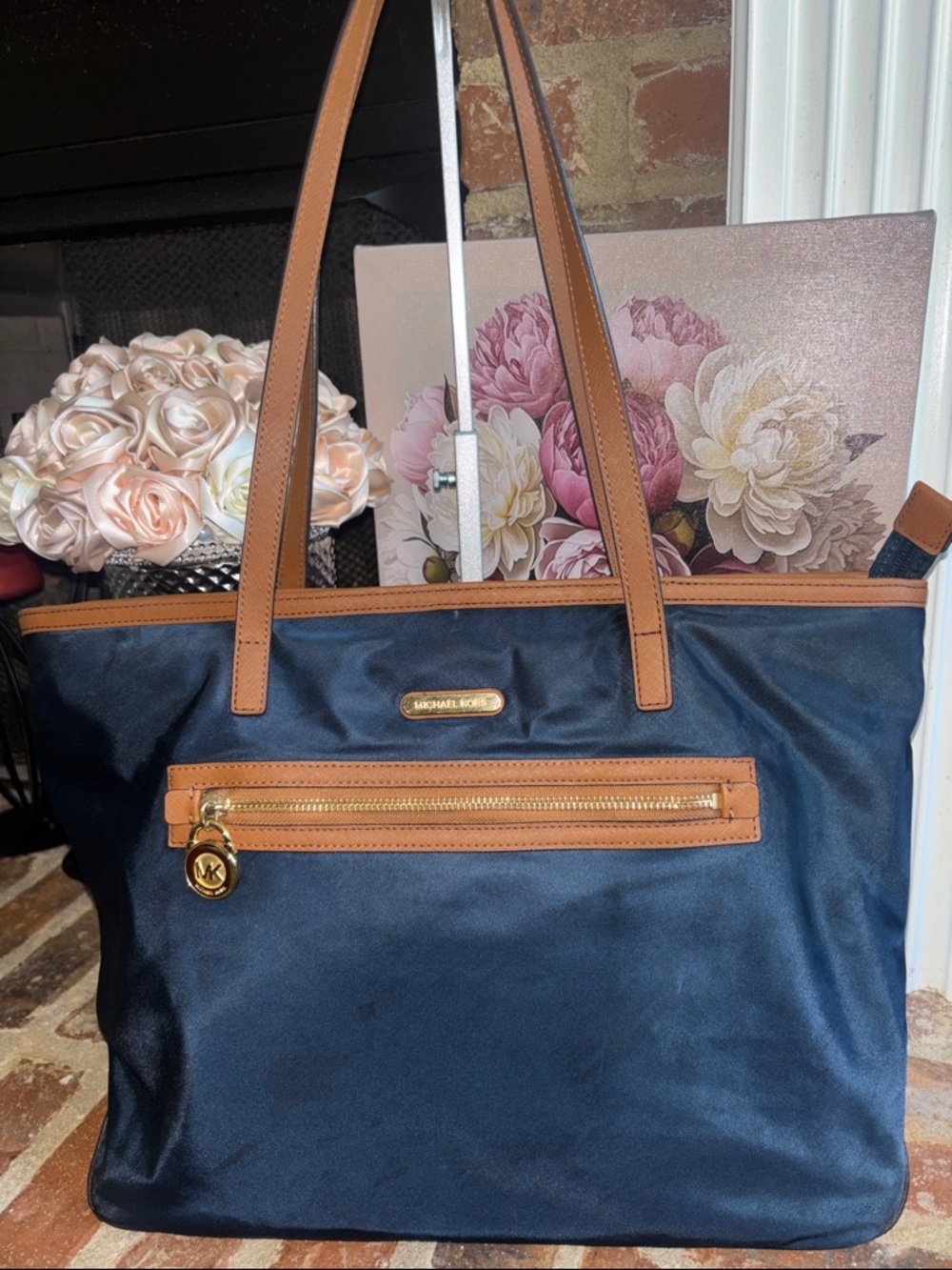 Michael Kors Navy and Tan Leather-Trim Tote